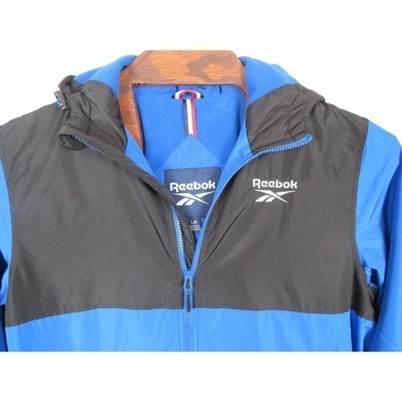 NWT Reebok Men's Fleece Lined Windbreaker Jacket Blue Black Sz Large MSRP $125 - Picture 2 of 7